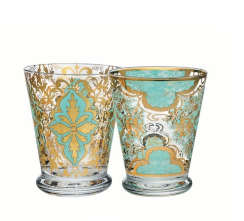 Set of two low Damascus aquamarine glasses
