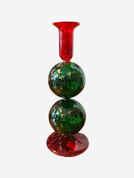 Candeliere in vetro base rossa due palline verdi