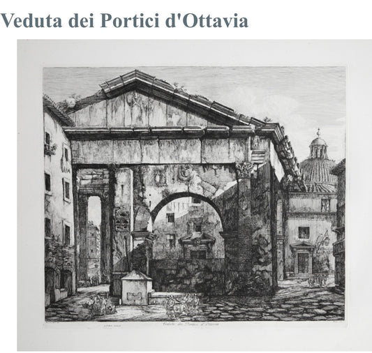 Stampa antica” Veduta dei Portici di Ottavia” anno 1820, autore Luigi Rossini , zona Ghetto