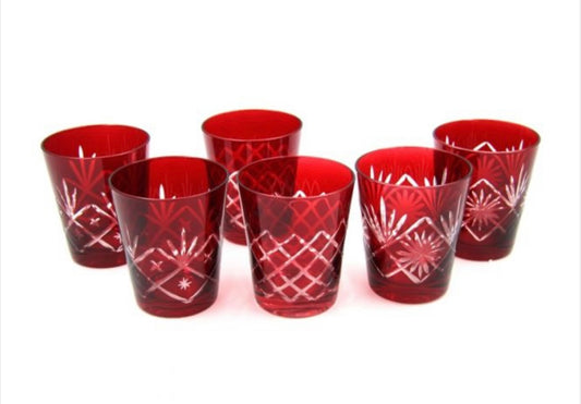 Red carved glass with 3 assorted decorations, pack of 6