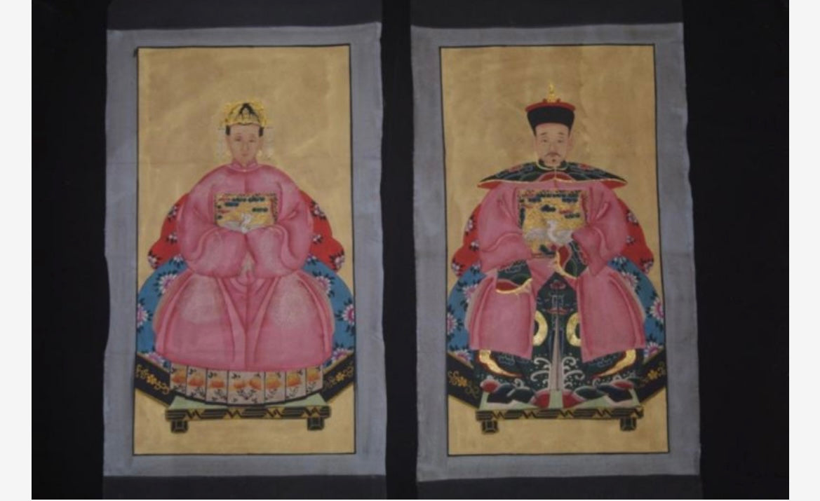Coppia di ritratti di dignitari cinesi vestito rosa cm 100 x 50