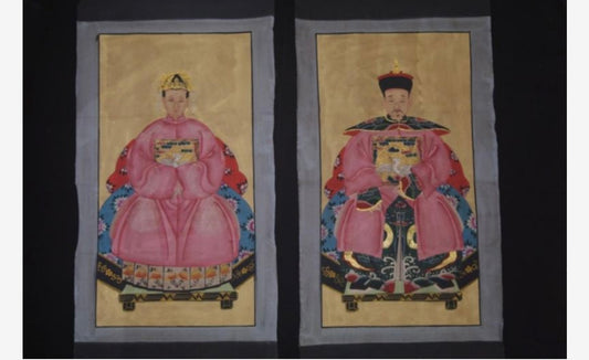 Coppia di ritratti di dignitari cinesi vestito rosa cm 100 x 50