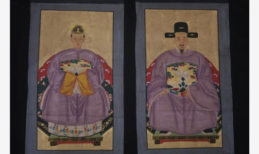 Coppia di ritratti di dignitari cinesi vestito viola cm100 x 50