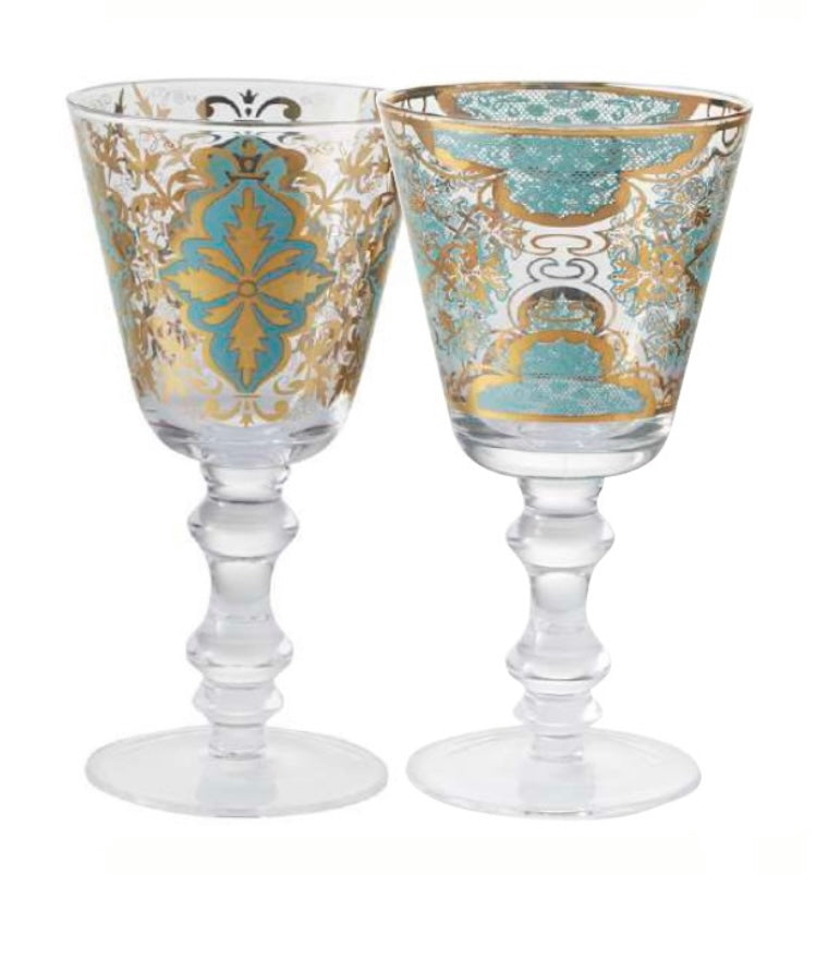 Set of two Damascus aquamarine wine glasses