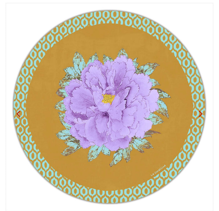 Sottopiatto Panarea Ikat fiore viola su senape cm 34