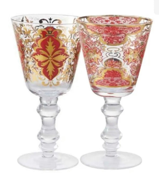 Set of two red Damasco wine glasses