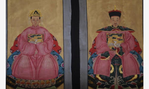 Coppia di ritratti di dignitari cinesi vestito rosa cm 100 x 50