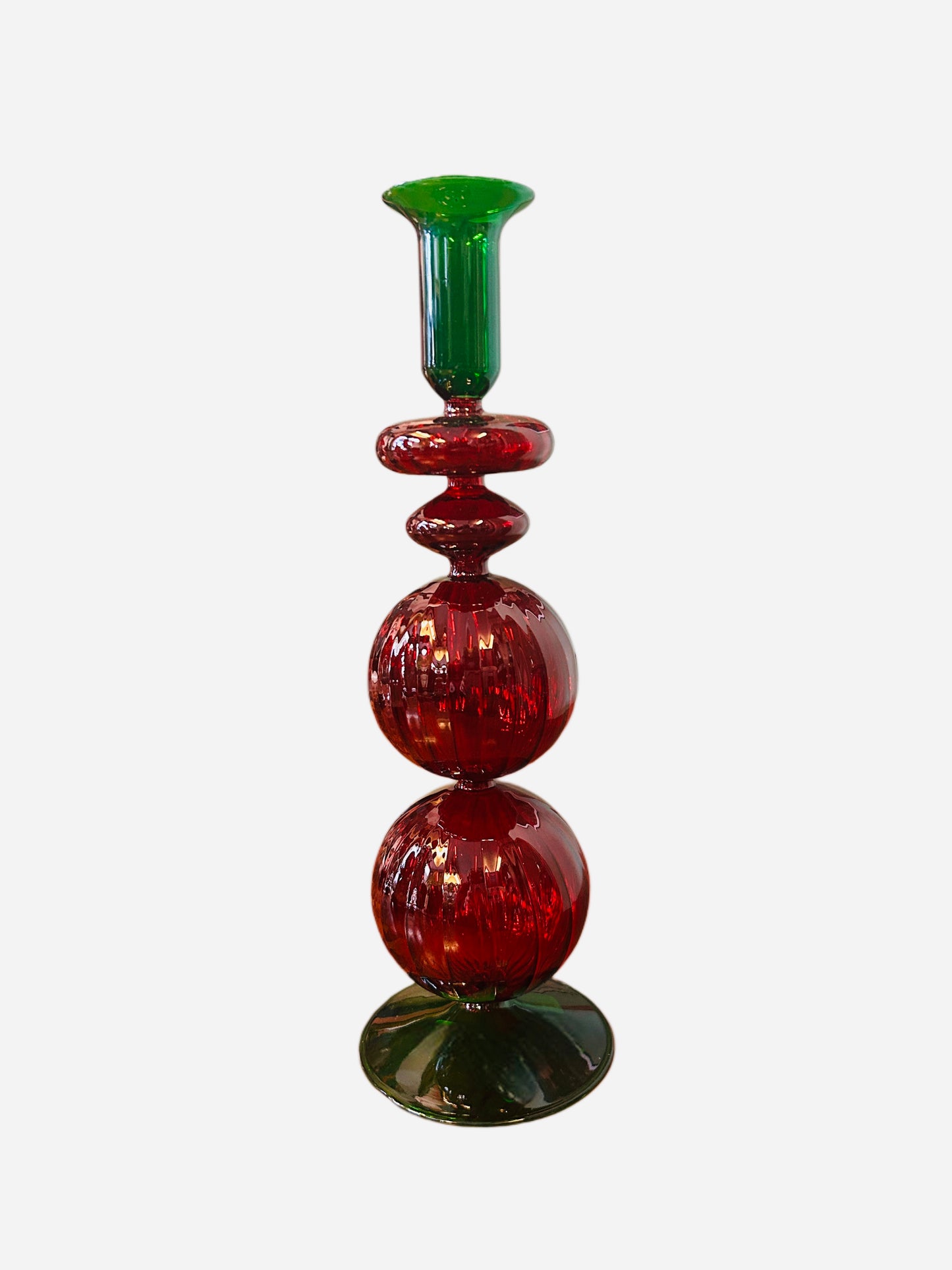 Candeliere in vetro base verde e due palle rosse