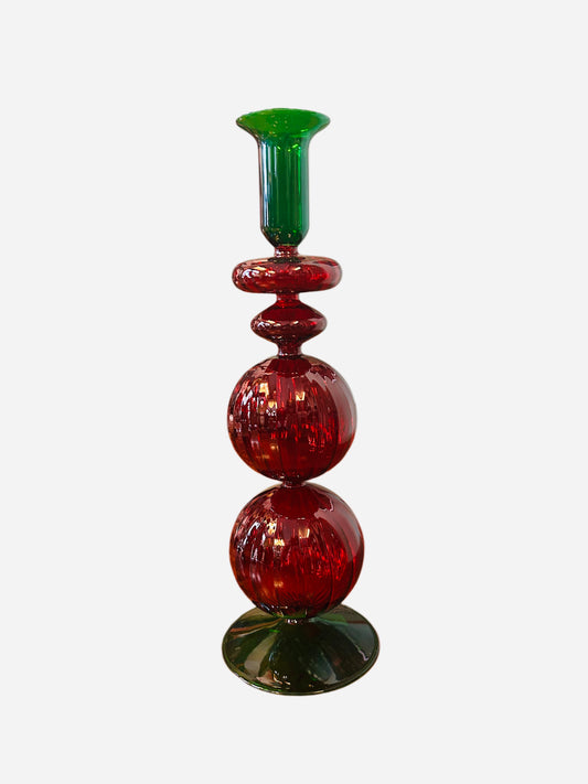 Candeliere in vetro base verde e due palle rosse