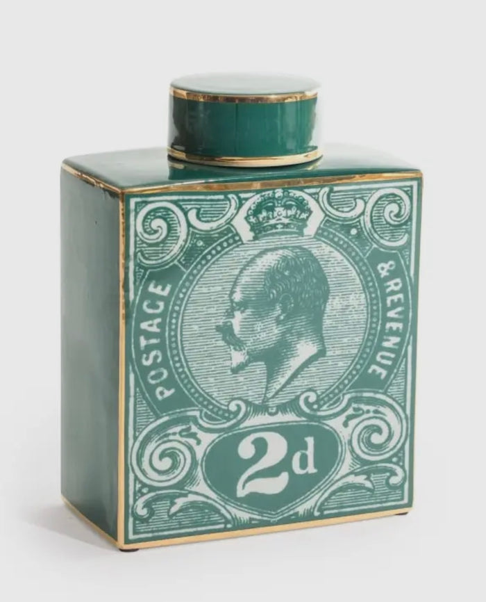 Barattolo/vaso in ceramica con francobollo verde grande