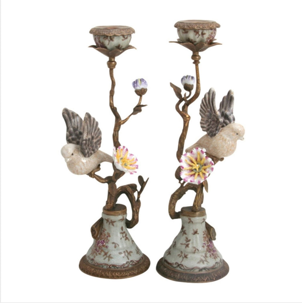 Set due portacandele uccelli blu viola