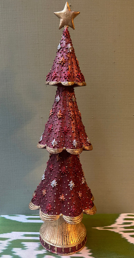 Large burgundy resin Christmas tree with stars