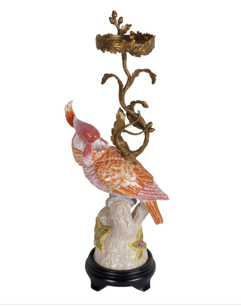 Candeliere pappagallo corallo porcellana e bronzo destra