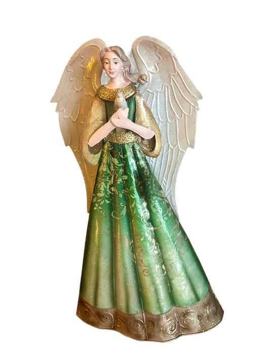 Angelo in metallo verde  con colomba