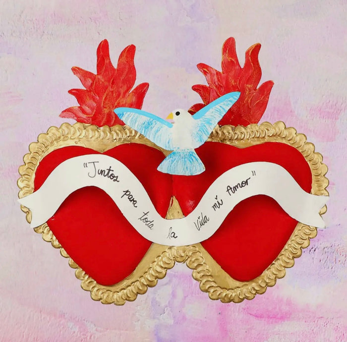 Maxi double heart handcrafted votive offering with dove