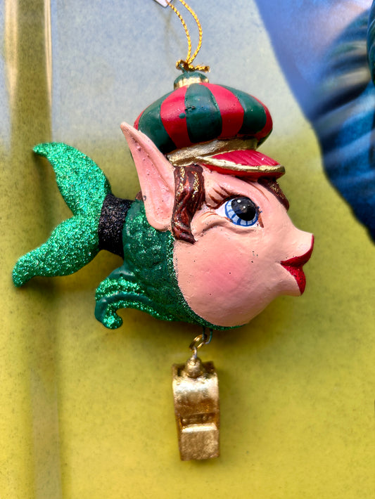 Christmas tree ornament fish with green dress hat stripes Goodwill