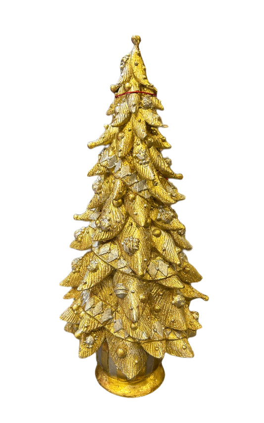 Sapin de Noël moyen en résine dorée avec base rayée or-argent