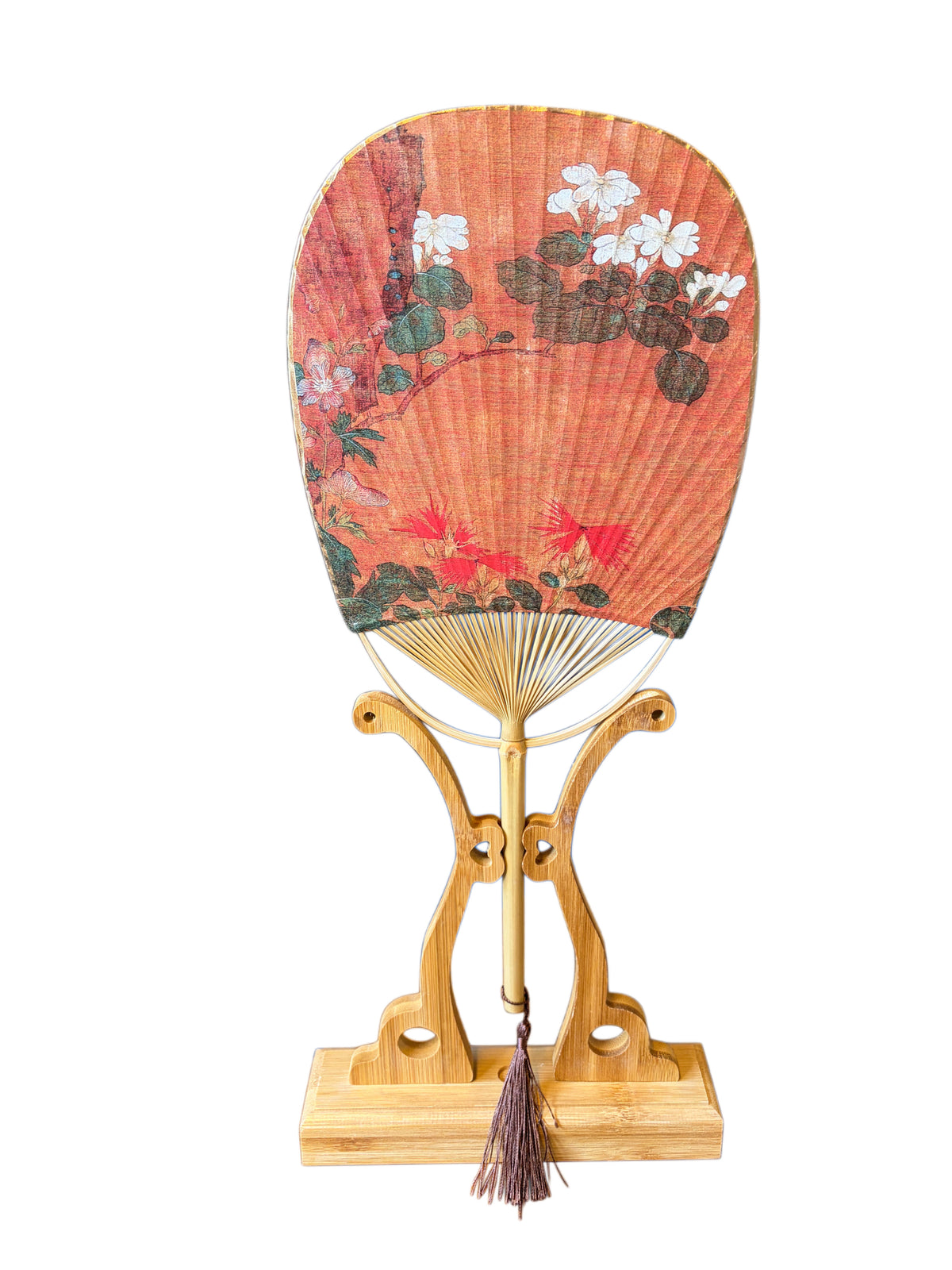 Ventaglio cinese  arancione con fiori bianchi con supporto in legno
