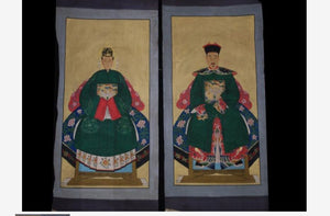 Coppia di ritratti dí dignitari cinesi vestiti verdi 150 x 75 cm