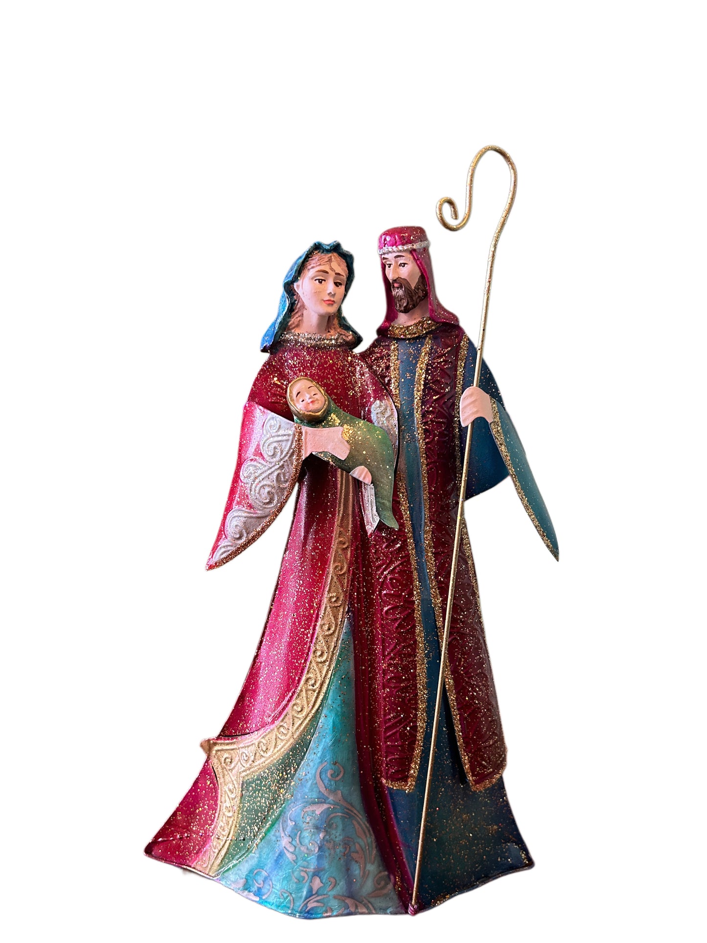 Sacra famiglia in metallo colorato