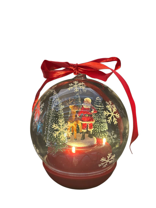 Palla trasparente da appendere con babbo  Natale  e renna,musica e luci