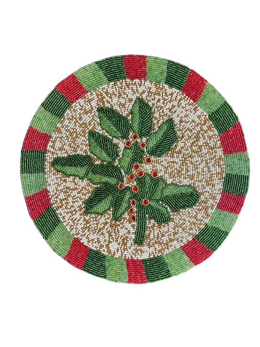 Sottopiatto in perline agrifoglio su fondo chiaro cm 35