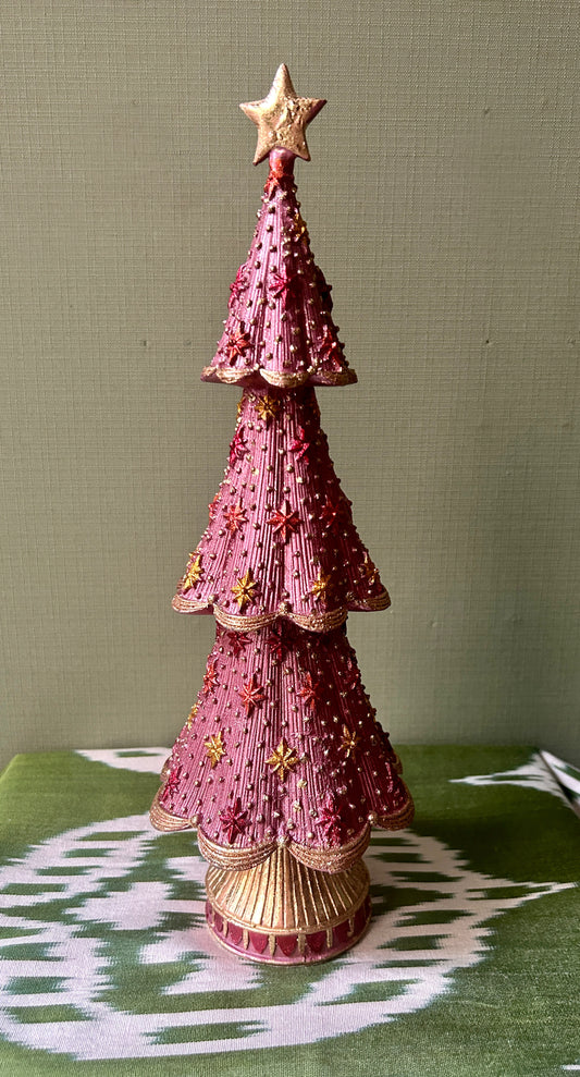 Medium pink resin Christmas tree with stars
