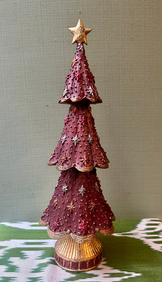 Medium burgundy resin Christmas tree with stars