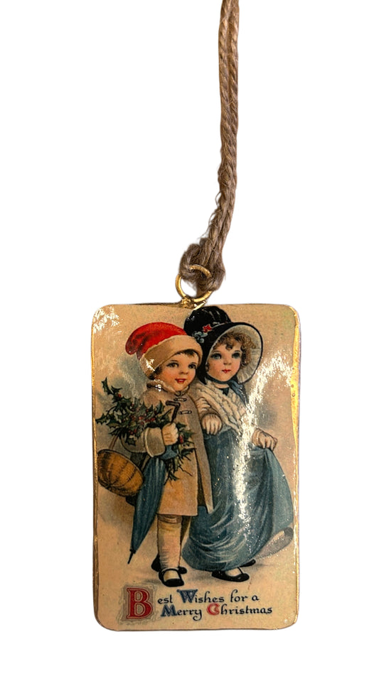 Ornamento per albero di Natale vecchia cartolina due bambini