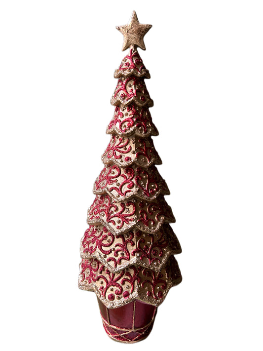 Christmas tree in a gold vase with medium red embroidery