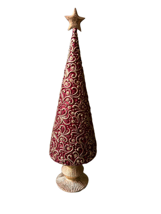 Medium red Christmas tree with gold resin embroidery