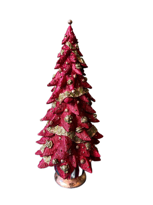 Albero di Natale rosso piccolo con base righe rosse e oro in resina