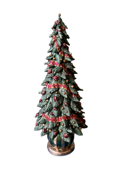 Large green Christmas tree with green gold striped base