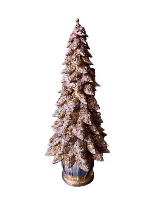 Large gold Christmas tree with gold and silver striped base