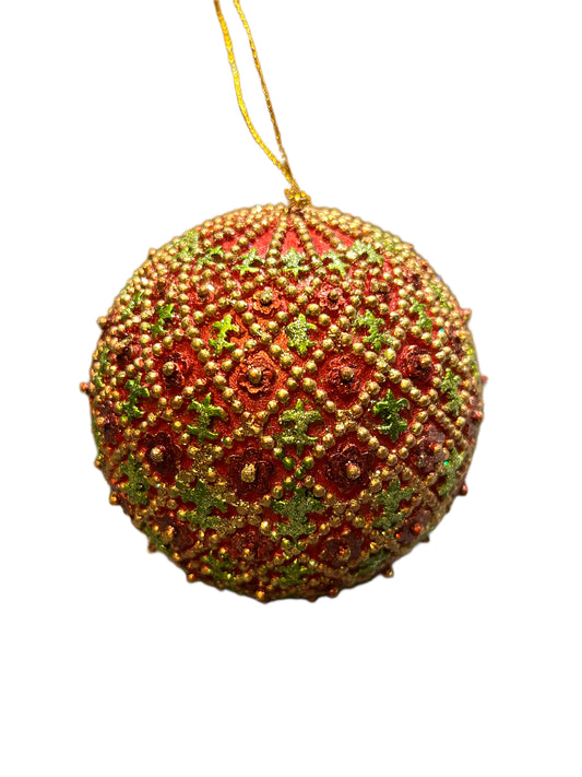 Decorative Christmas ball in red resin with gold rhombuses