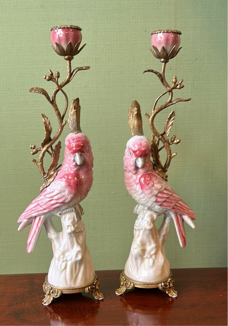 Paire de bougeoirs perroquets roses