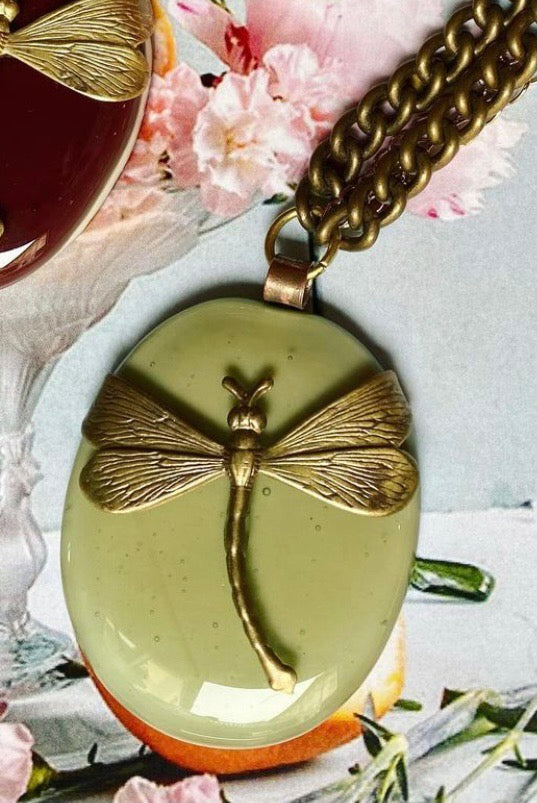 Daniela Poletti necklace with fused glass pendant and military green dragonfly can be ordered