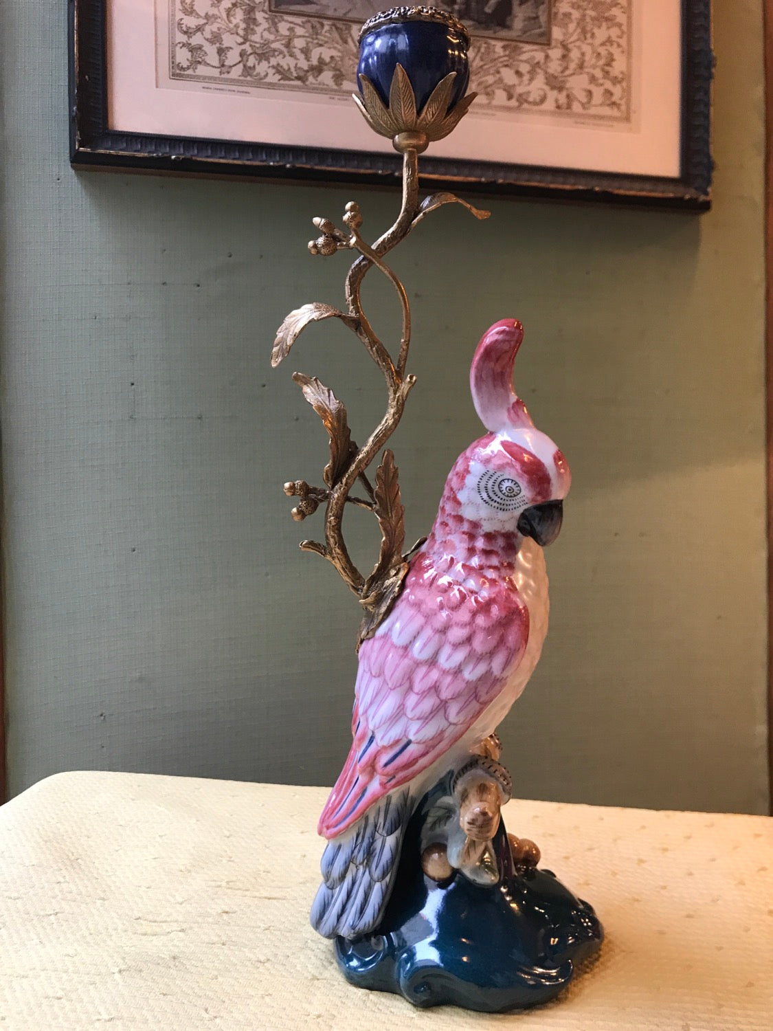 Candeliere  pappagallo in ceramica e bronzo cm 38