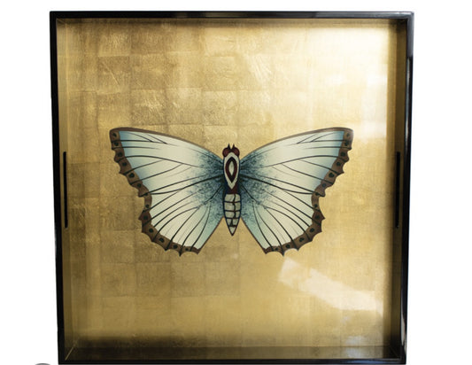 Plateau carré en métal laqué papillons