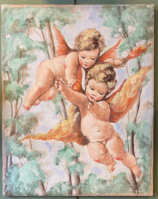Fresque sur toile représentant deux anges
