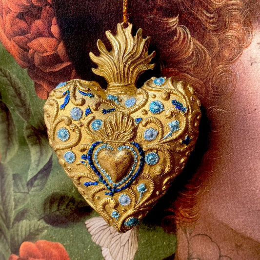 Gold and blue heart Christmas tree decoration