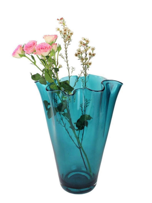 Blown turquoise handkerchief vase