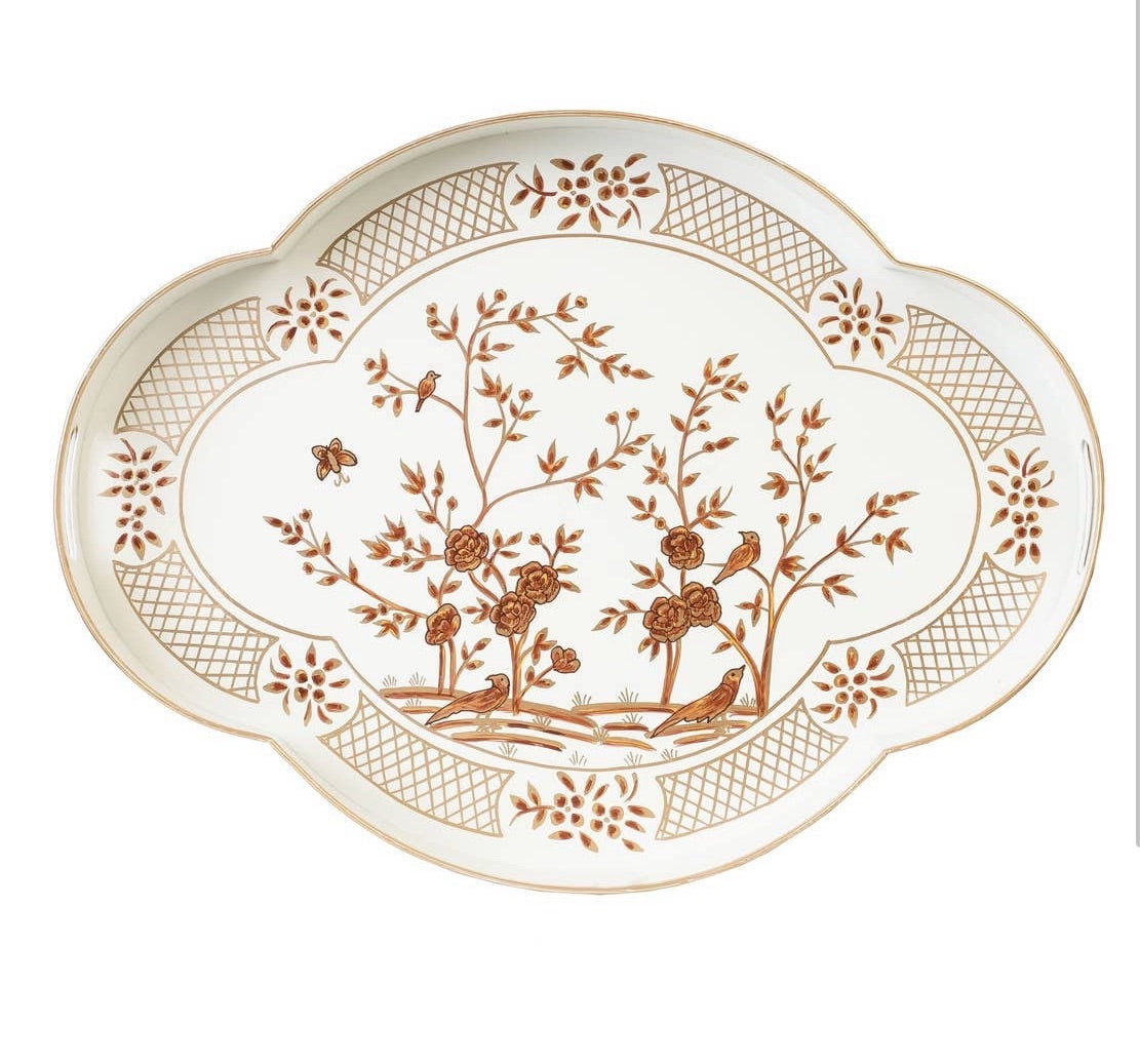 Ivory and gold chinoiserie scalloped tray