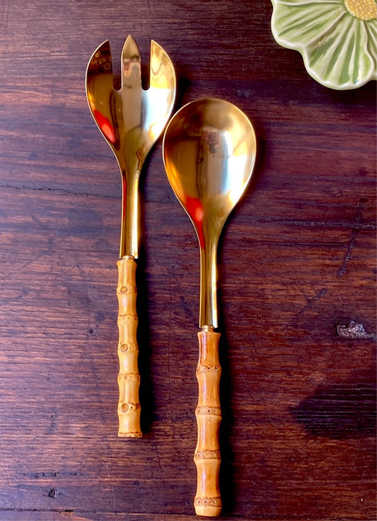 Set of 2 serving cutlery in bamboo and gold