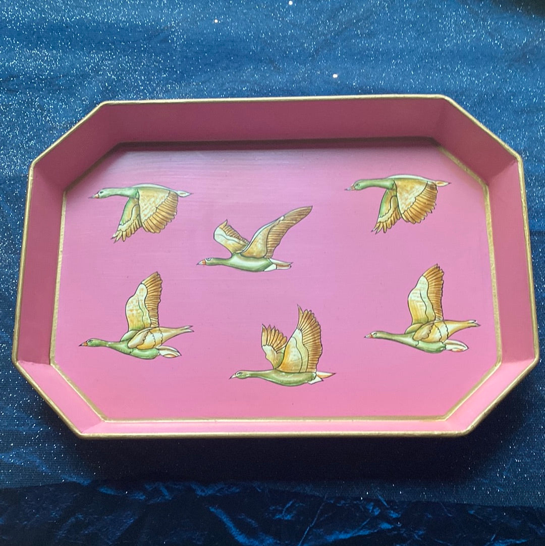 Hand-decorated metal tray with ducks