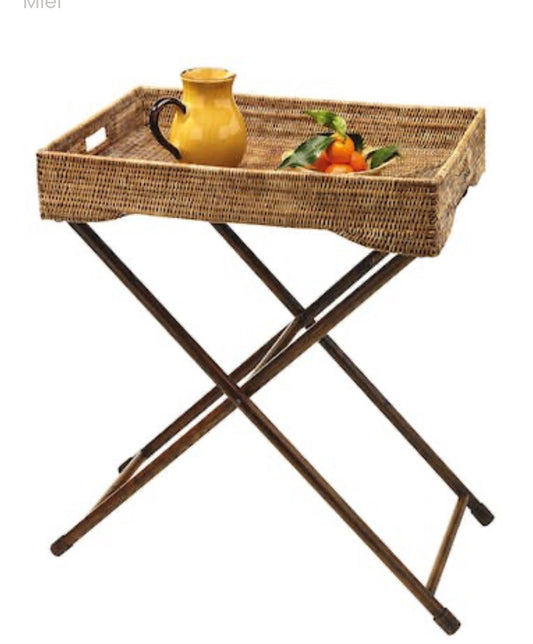 Large rectangular rattan tray with wooden stand