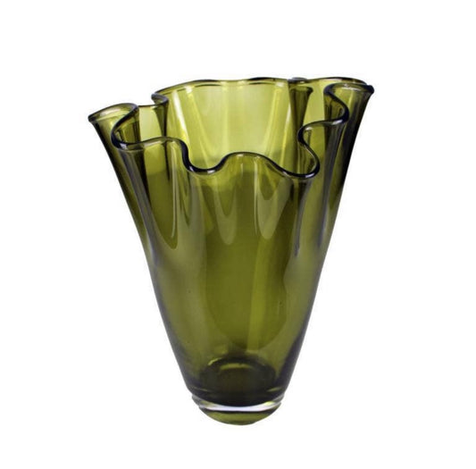Handkerchief vase in olive green glass